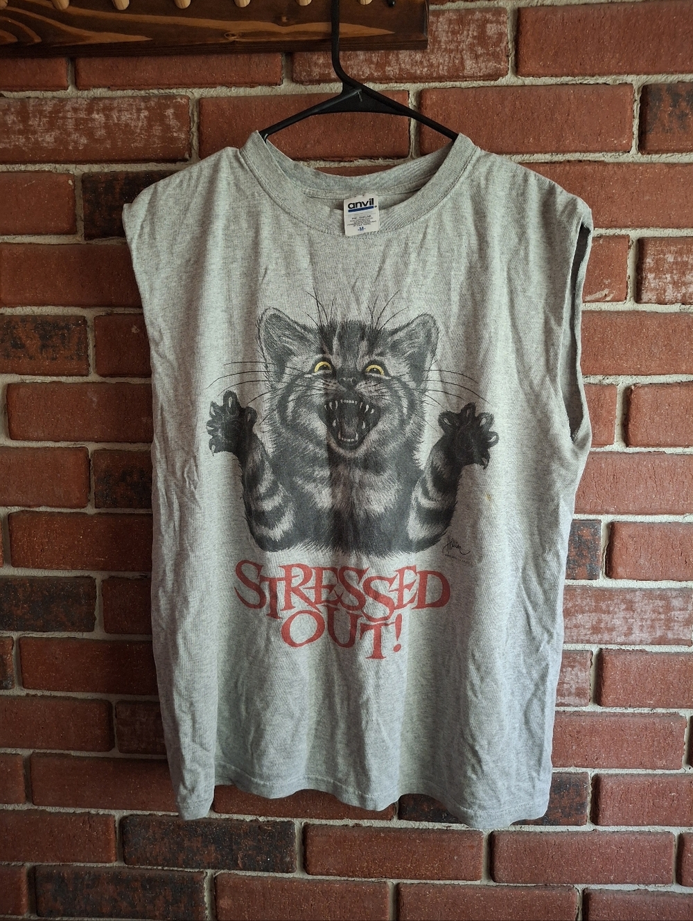 Anvil Gray Sleeveless Tee with 'Stressed Out!' Cat Graphic